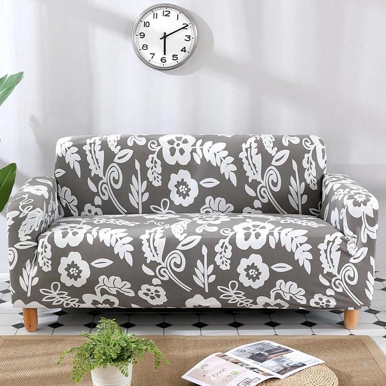 Gray / White Floral Pattern Sofa Couch Cover