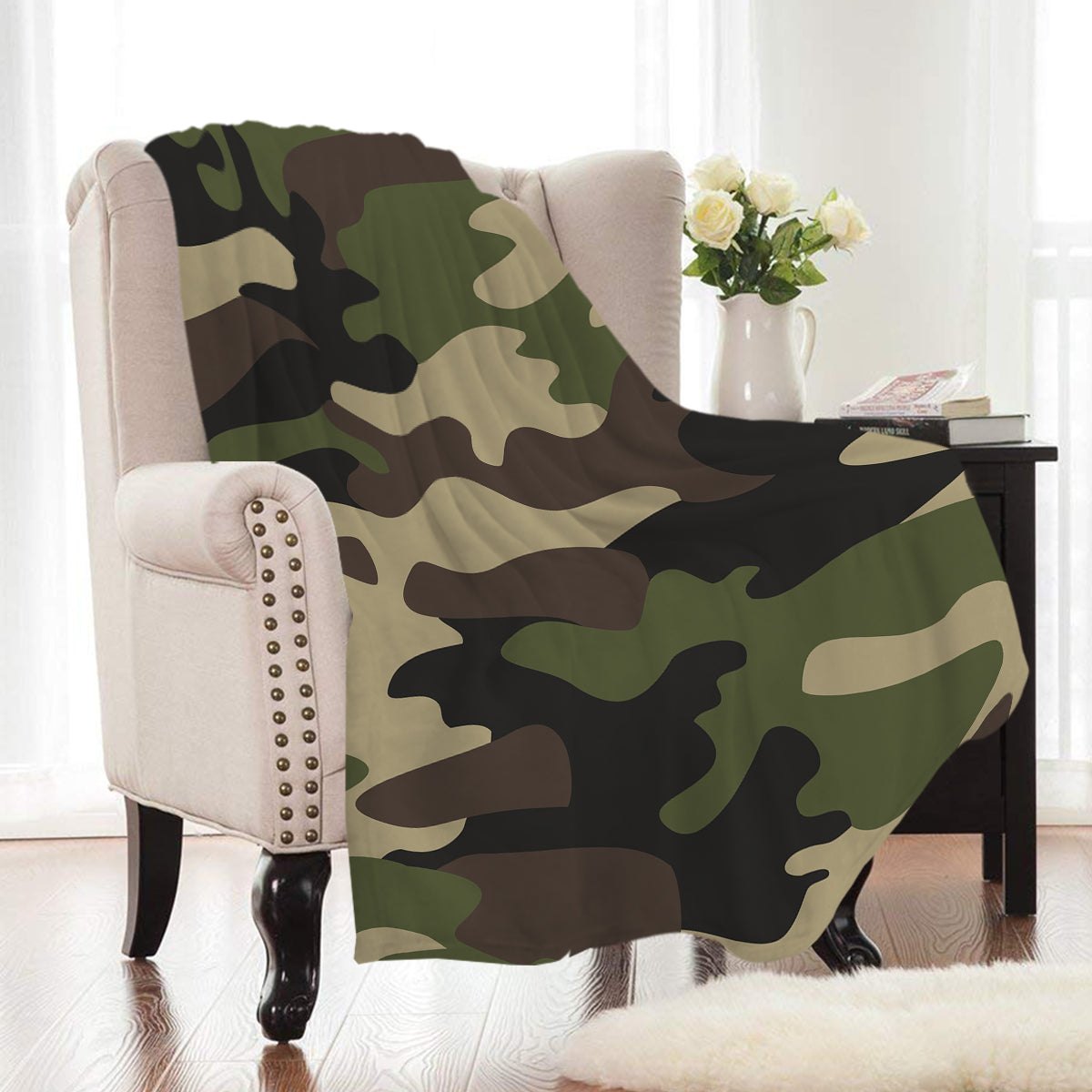 Green Military Camouflage Print Fleece Throw Blanket Decorzee