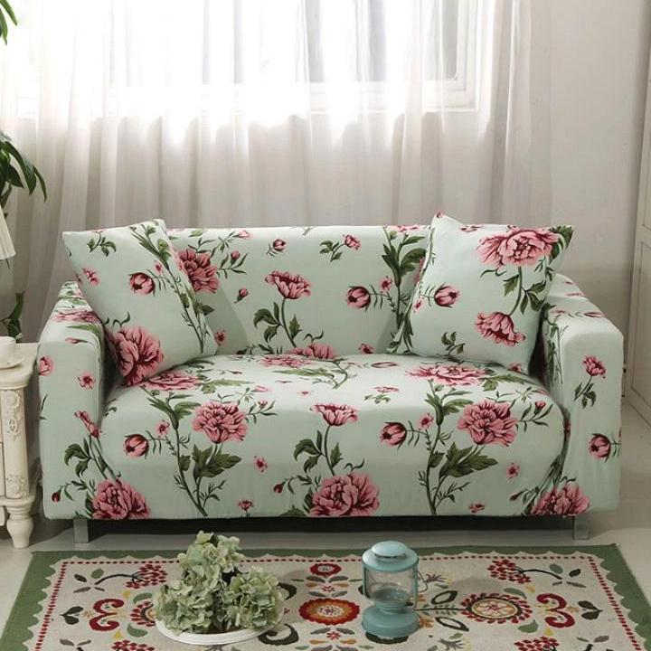 Light Green Floral Hibiscus Pattern Sofa Couch Cover