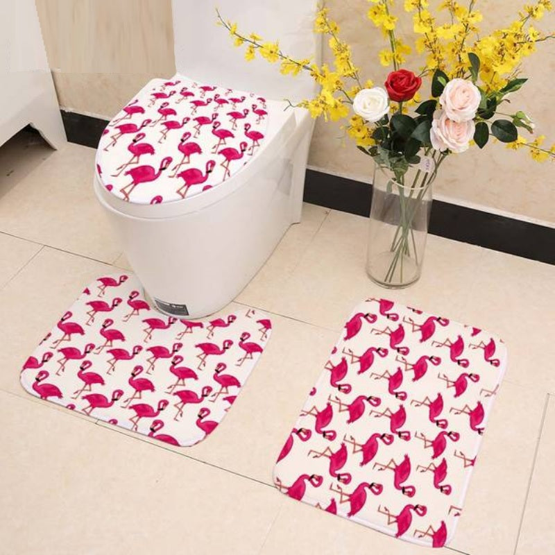 White 3-piece Pink Flamingo Print Bathroom Mat Set