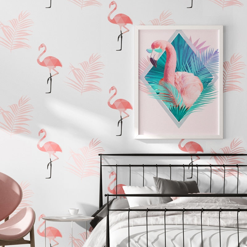 White Pink Flamingo Pattern Wallpaper