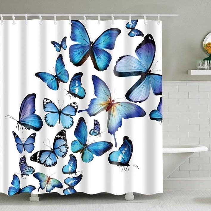 White Flying Blue Butterflies Bathroom Shower Curtain – Decorzee