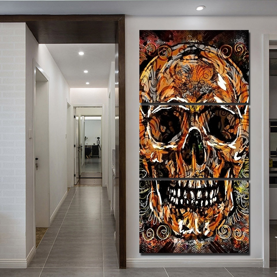 3 Piece Brown Orange Abstract Skull Canvas Wall Art Decorzee