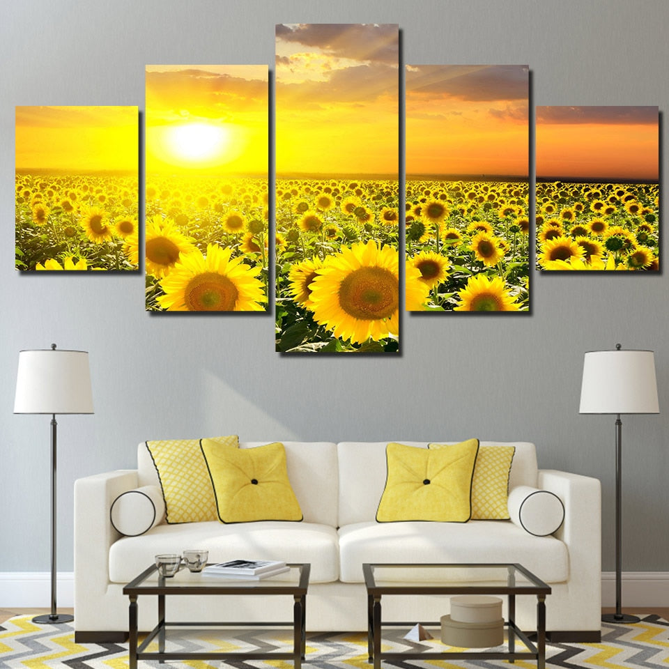 5 Piece Yellow Sunflowers At Sunrise Canvas Wall Art Decorzee