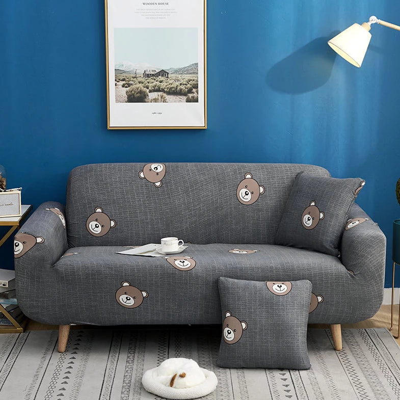 Dark Gray Teddy Bear Pattern Sofa Couch Cover