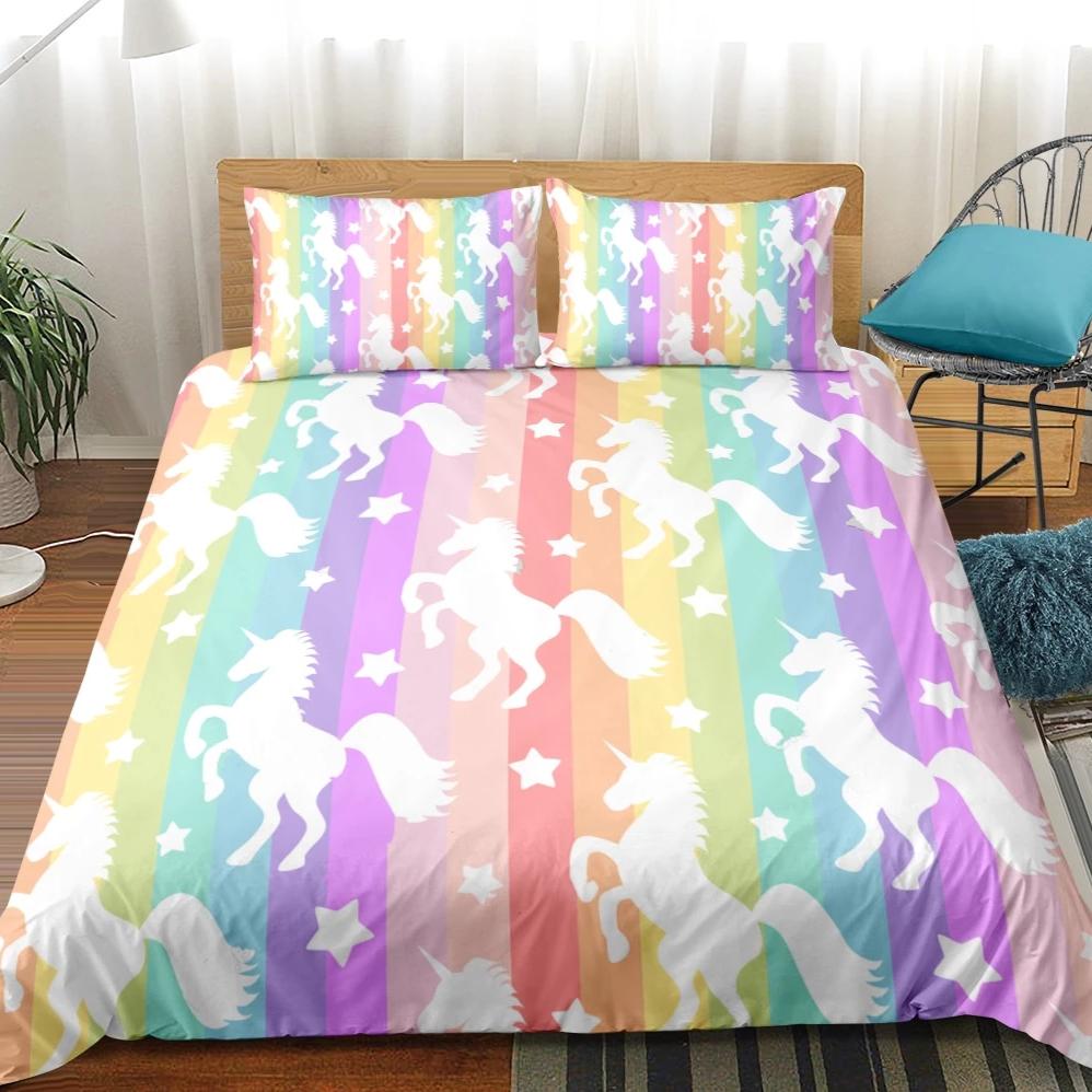 2 3 Piece Multi Color Rainbow Unicorn Stripe Duvet Cover Set