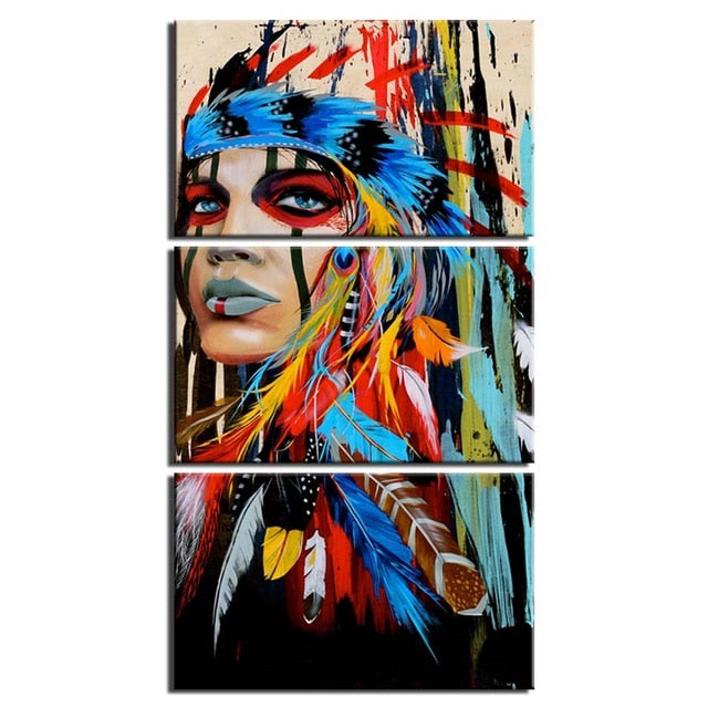 3 Piece Abstract Female Indian Warrior Canvas Wall Art Decorzee