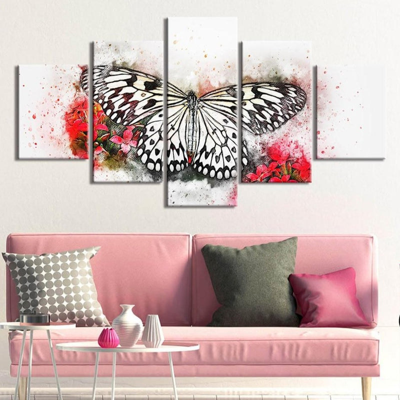 5 Piece Black White Red Floral Butterfly Canvas Wall Art Decorzee