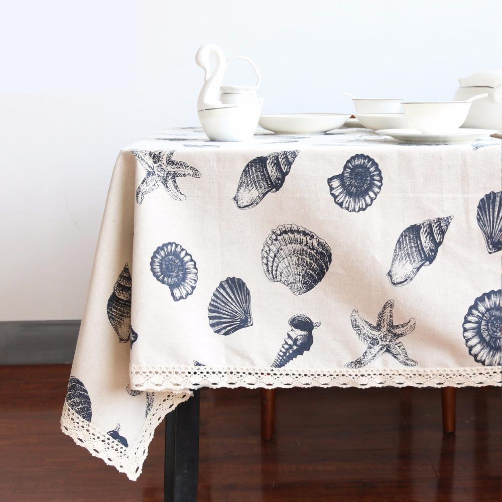 White Coastal Shell Pattern Cotton Linen Tablecloth W/ Lace