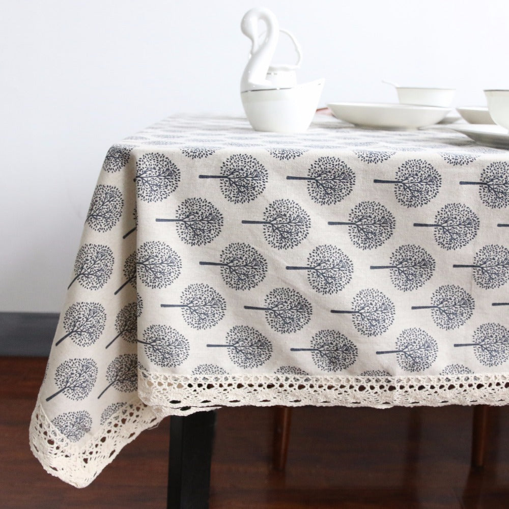 Lucky Tree Pattern Cotton Linen Tablecloth W/ Lace