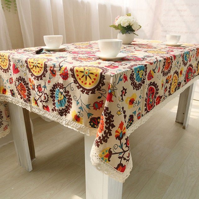 Colorful Bohemian Pattern Cotton Linen Tablecloth W/ Lace