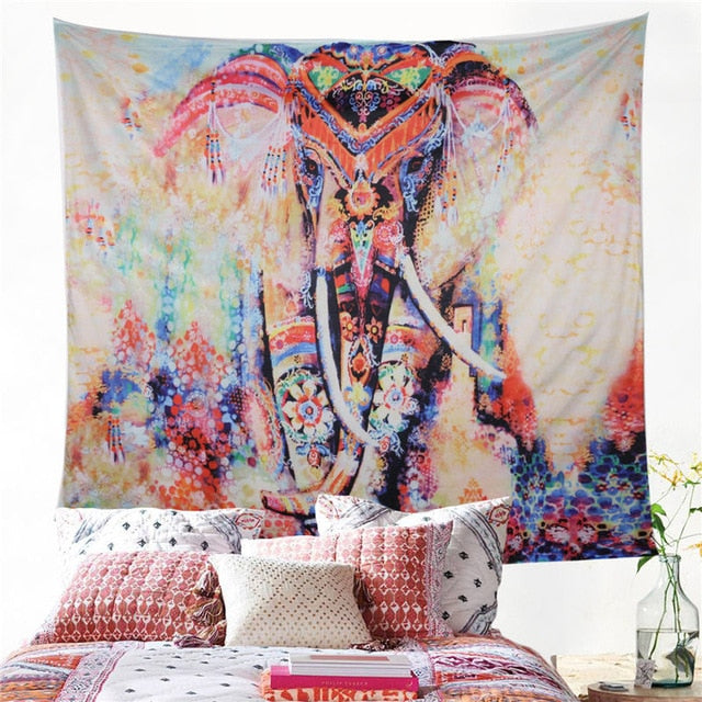 Multi-color Painted Indian Elephant Wall Tapestry