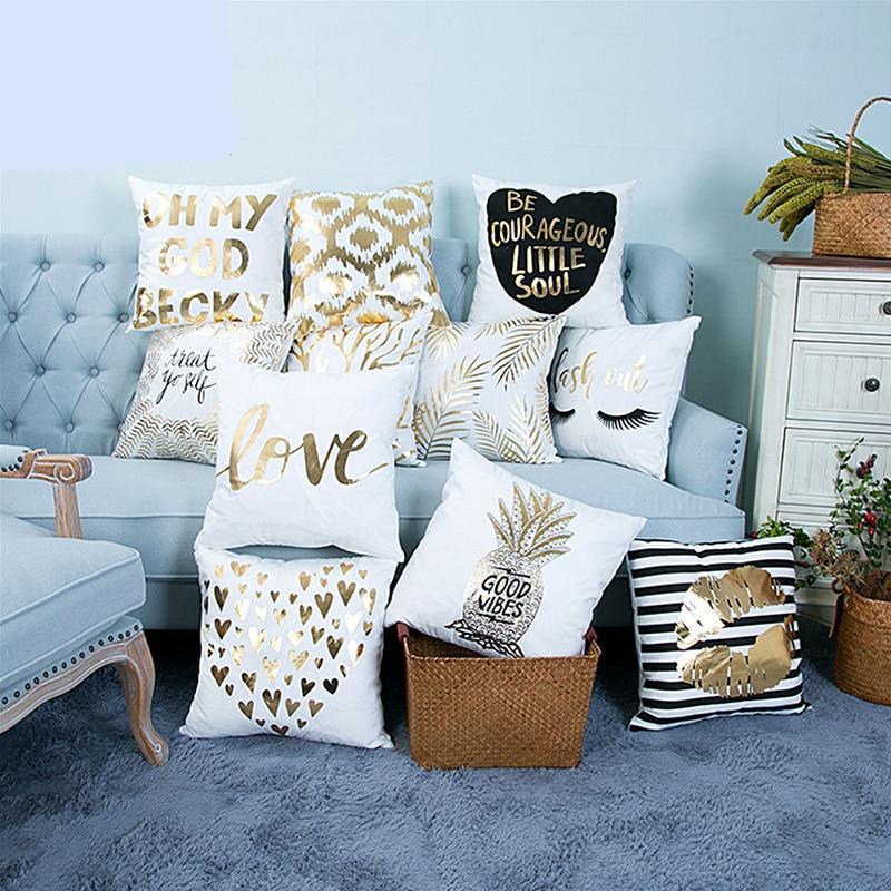 18" White & Gold Printed Microfiber Throw Pillow Cover