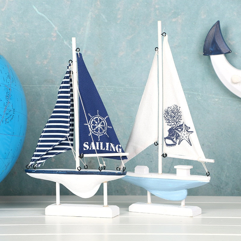 Decorative Blue / White Wooden Model Sailboat