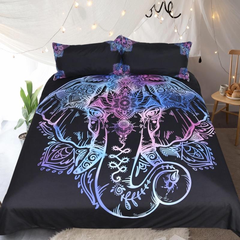 Black 3 Piece Purple Bohemian Elephant Duvet Cover Set Decorzee