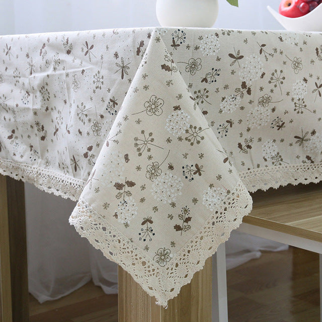 Brown Dandelion Floral Pattern Tablecloth W/ Lace