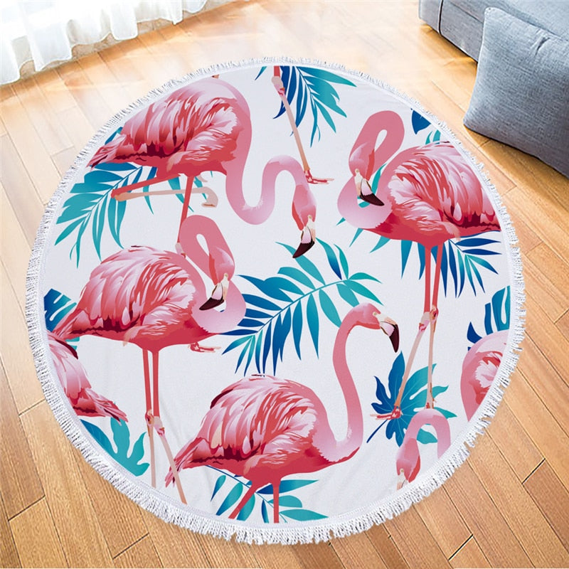 Round Pink Flamingo Print Beach Towel