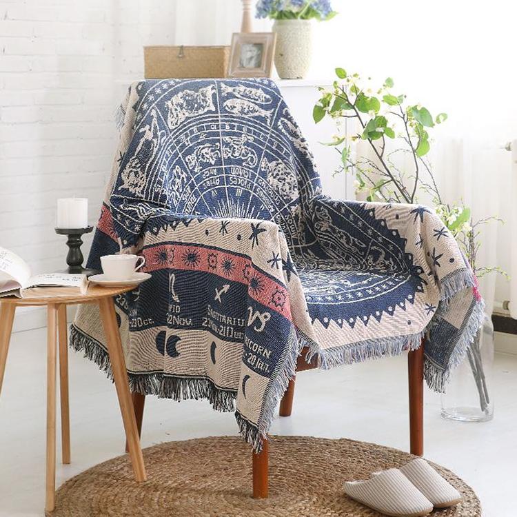 Blue Knitted Zodiac Chart Tapestry Sofa Throw Cover