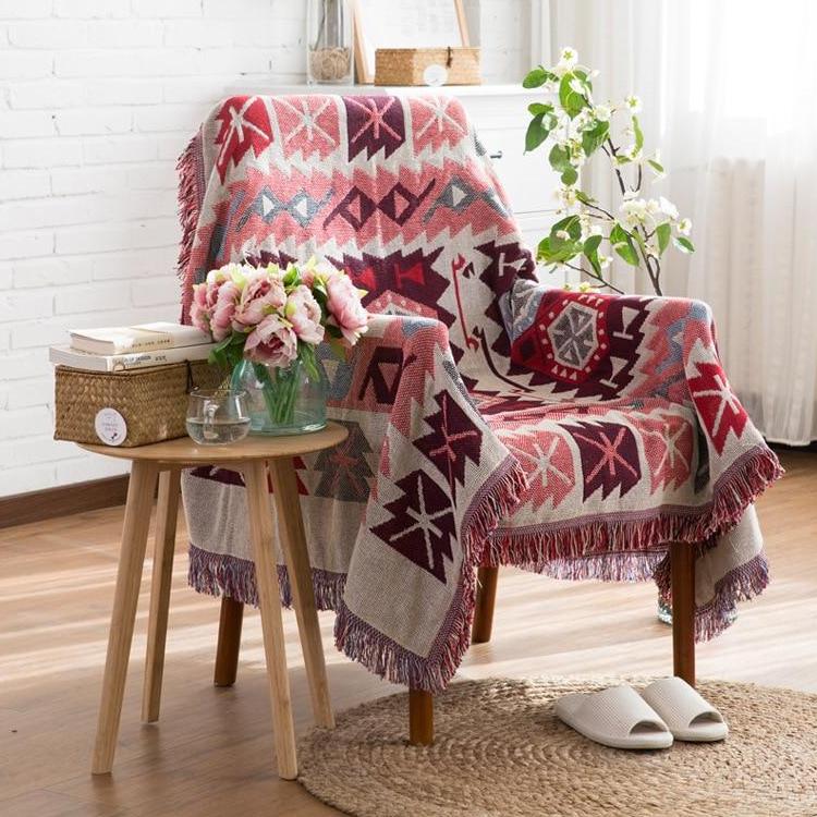 Red Knitted Native Ethnic Tapestry Sofa Throw Cover