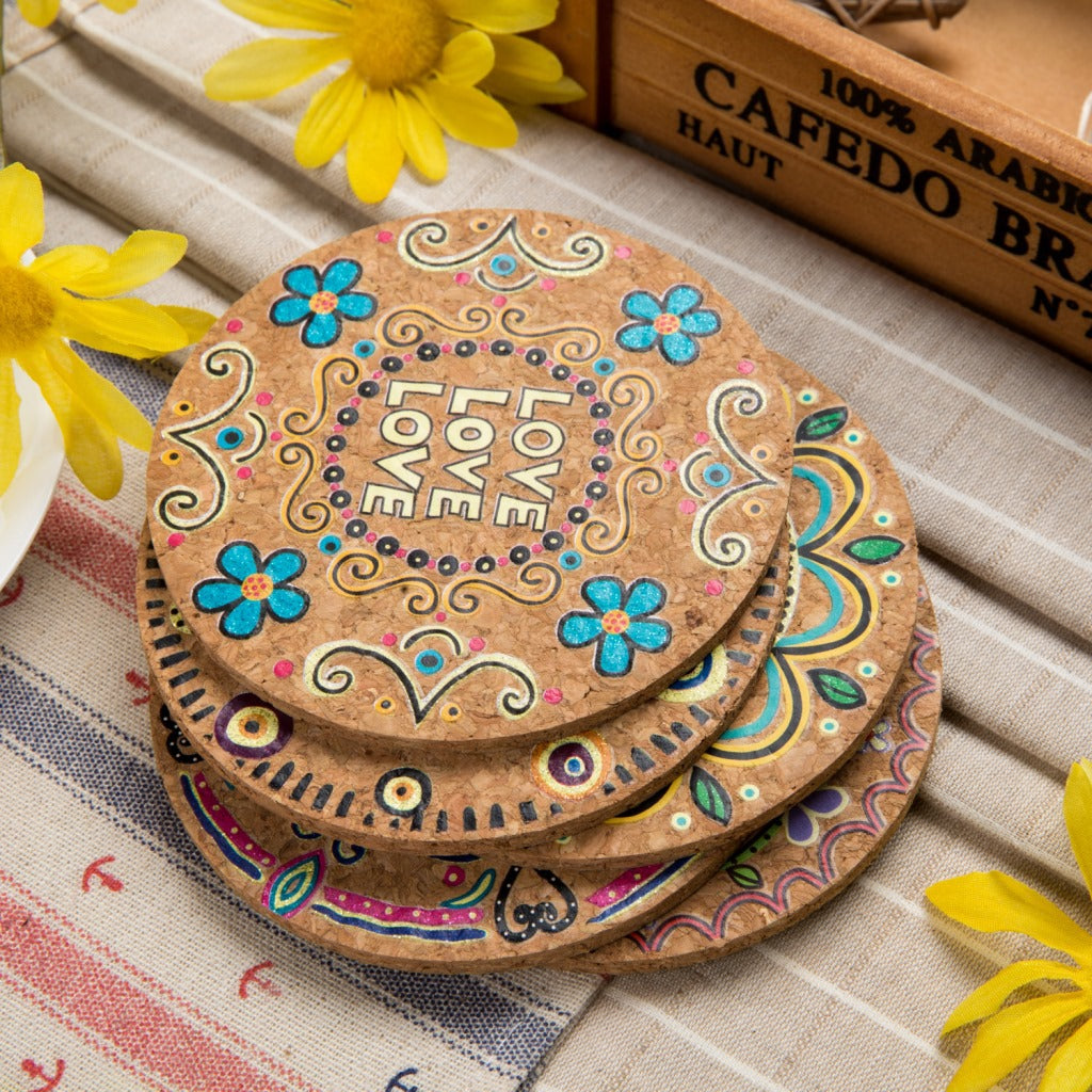 4-piece Hippie Bohemian Pattern Cork Drink Coaster Set