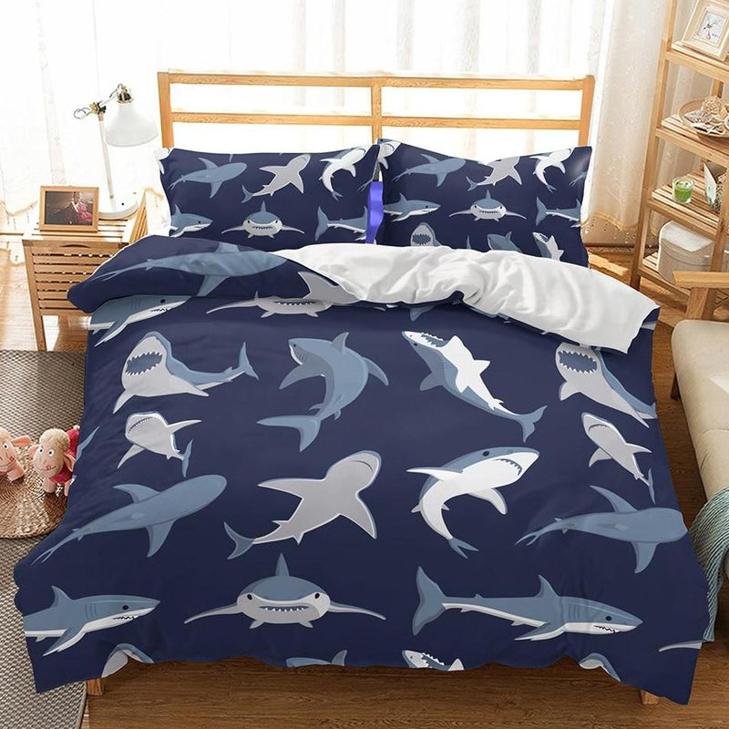 Navy 2 3 Piece Kids Shark Print Duvet Cover Bedding Set Decorzee