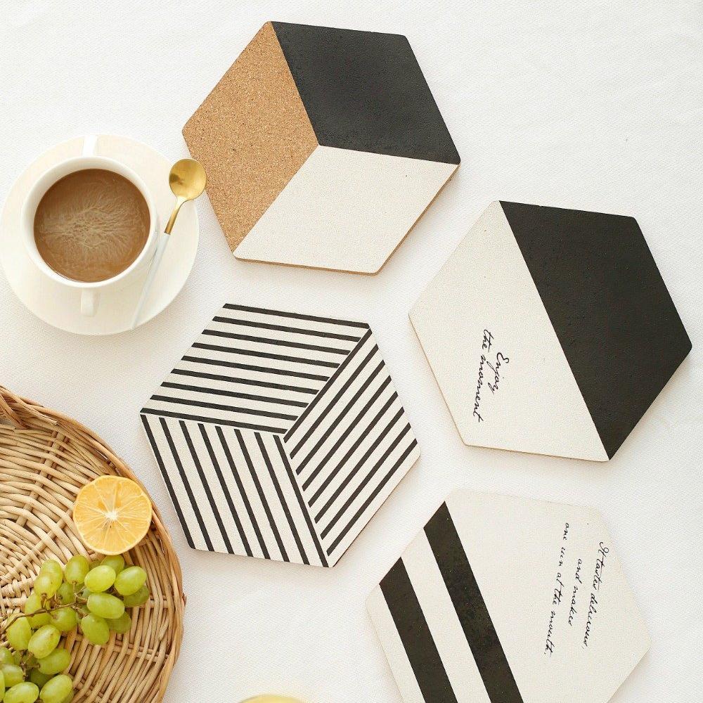 4-piece Black & White Hexagon Cork Coaster / Hot Pad Set