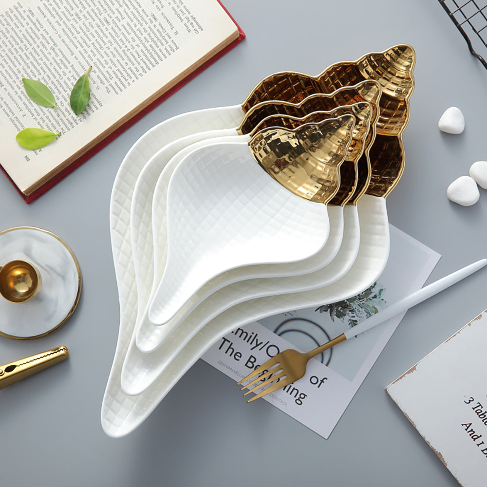 White / Gold Ceramic Shell-shaped Candy Dessert Tray Dish