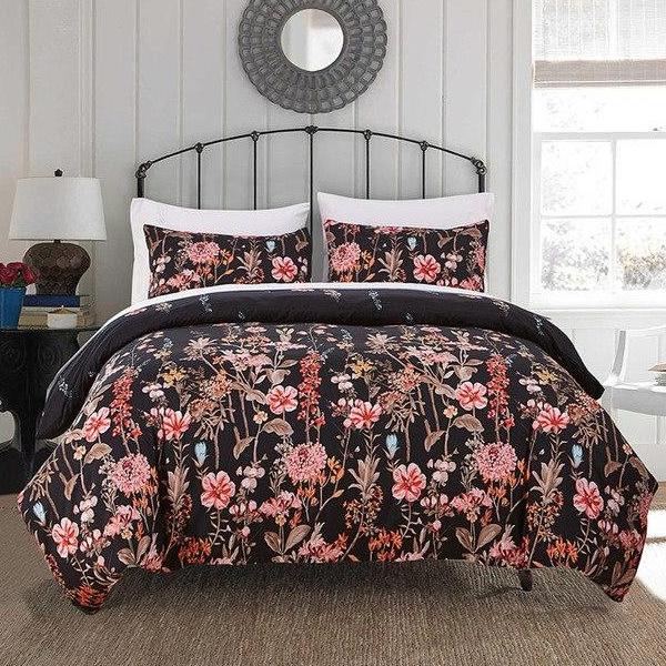 Black 2/3-piece Wild Flower Print Duvet Cover Set