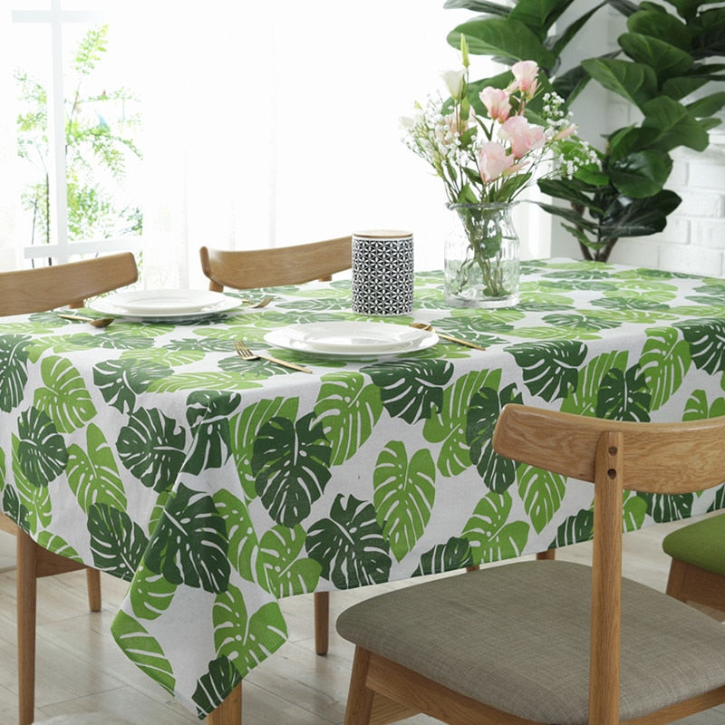 Green Palm Leaf Pattern Cotton Linen Tablecloth