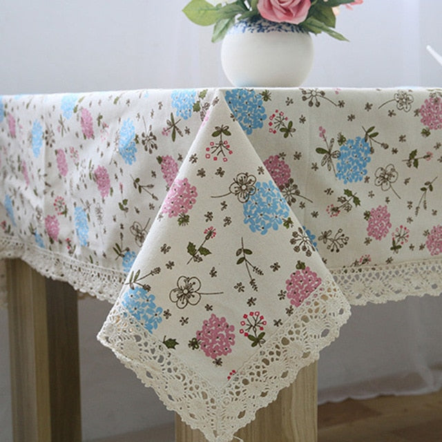 Blue / Pink Hyacinth Floral Pattern Tablecloth W/ Lace