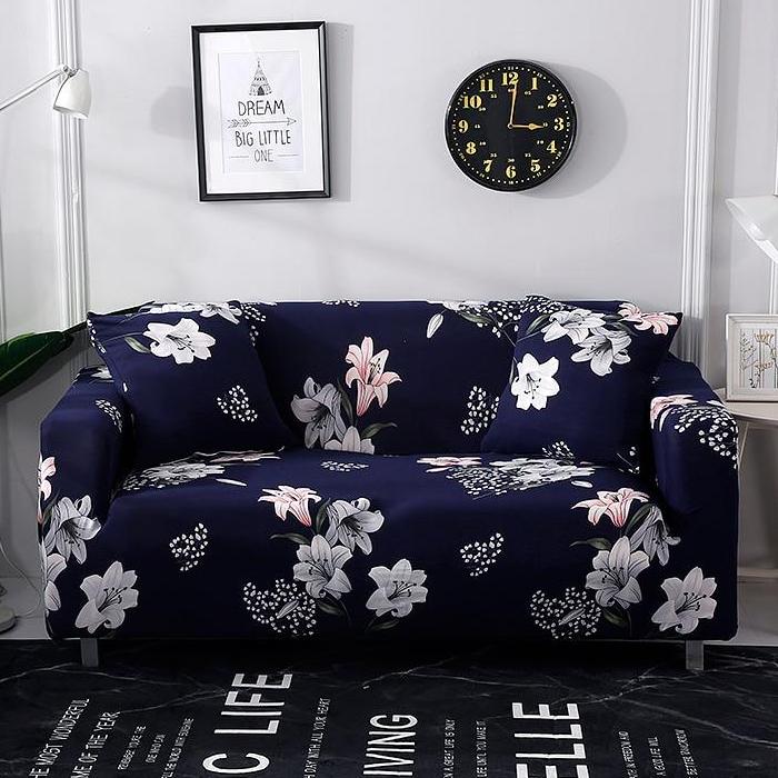 Navy Blue Iris Floral Pattern Sofa Couch Cover