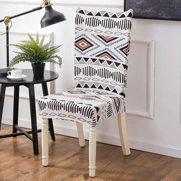 White Geometric Aztec Pattern Dining Chair Cover