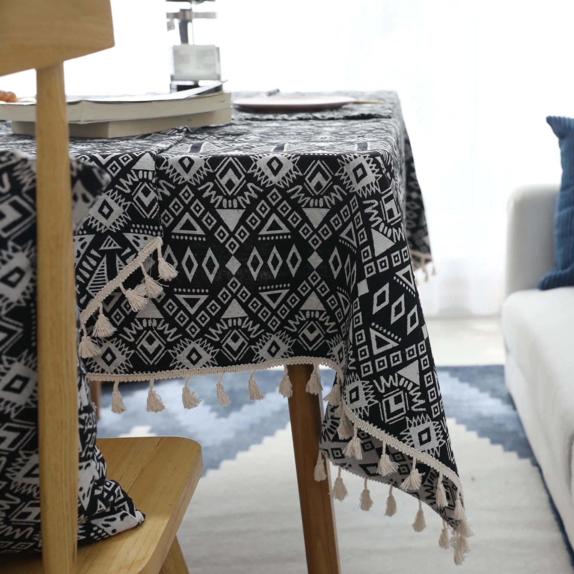 Black Geometric Bohemian Pattern Tablecloth W/ Tassels