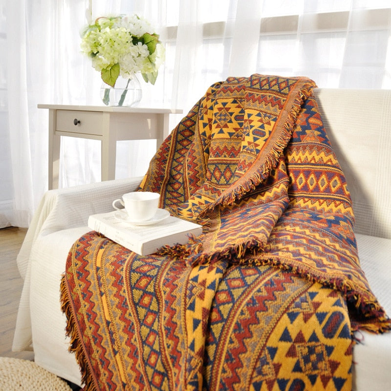 Orange Knitted Aztec / Native Tapestry Sofa Throw Cover