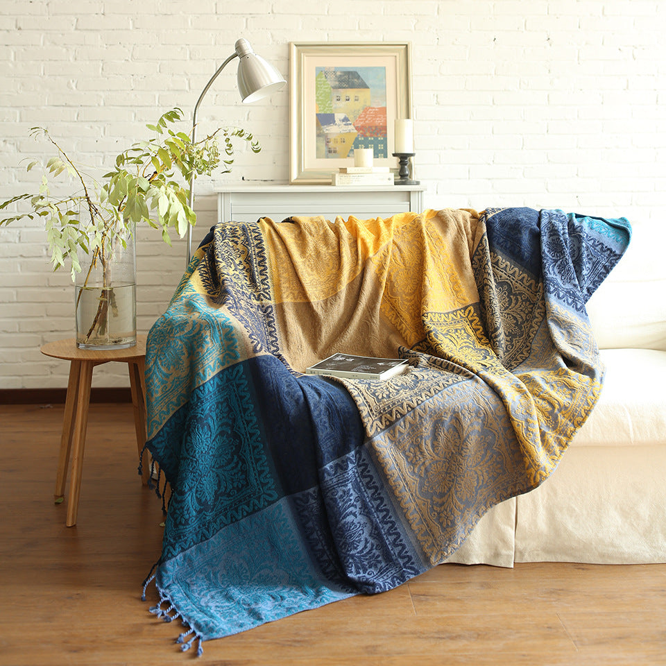 Blue Gold Knitted Bohemian Plaid Tapestry Sofa Throw Cover Decorzee
