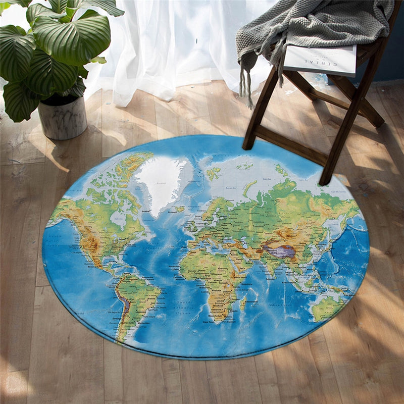 round blue classic world map print floor mat rug decorzee