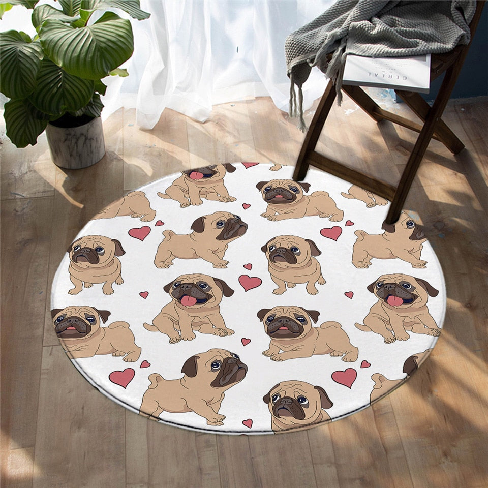 Round Pug Puppy Dog Love Floor Mat Rug
