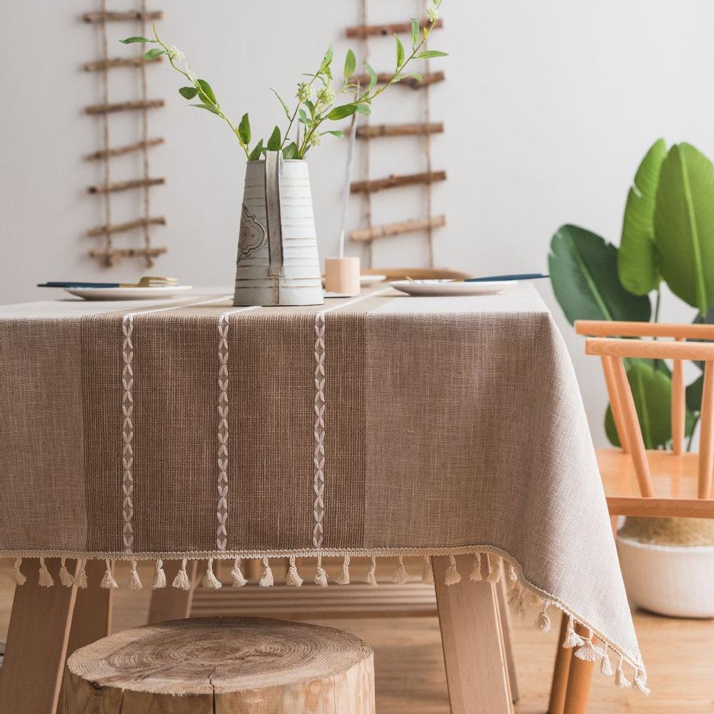 Beige Ribbed Cotton Linen Tablecloth W/ Tassels