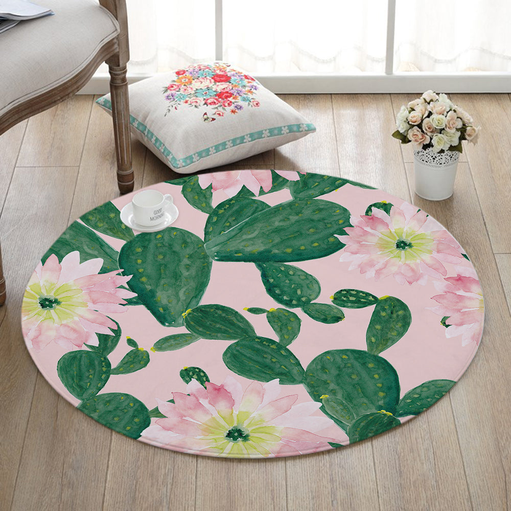 Round Floral Cactus Print Floor Mat Rug