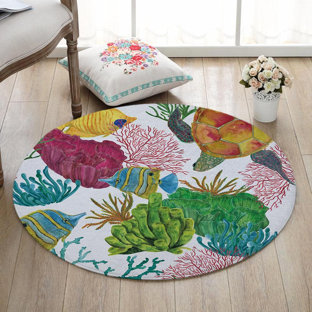 Round Nautical Ocean Life Print Floor Mat Rug