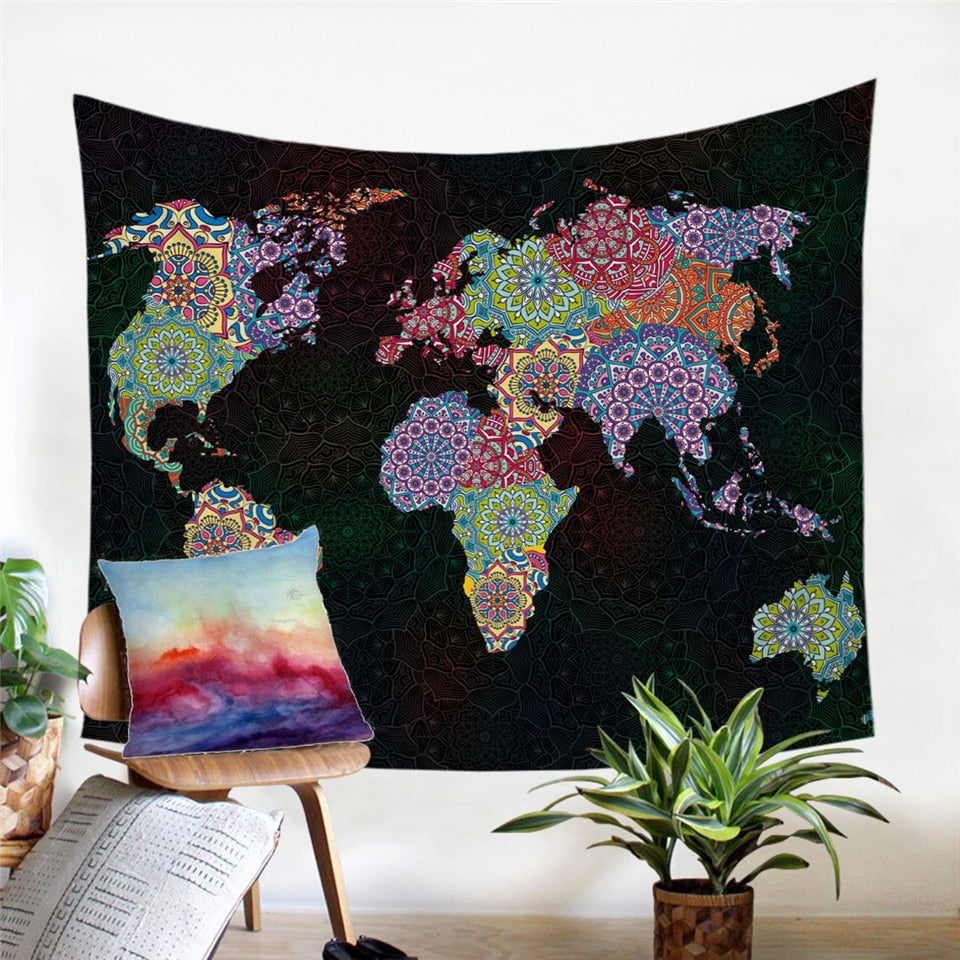 Black Bohemian Pattern World Map Wall Tapestry