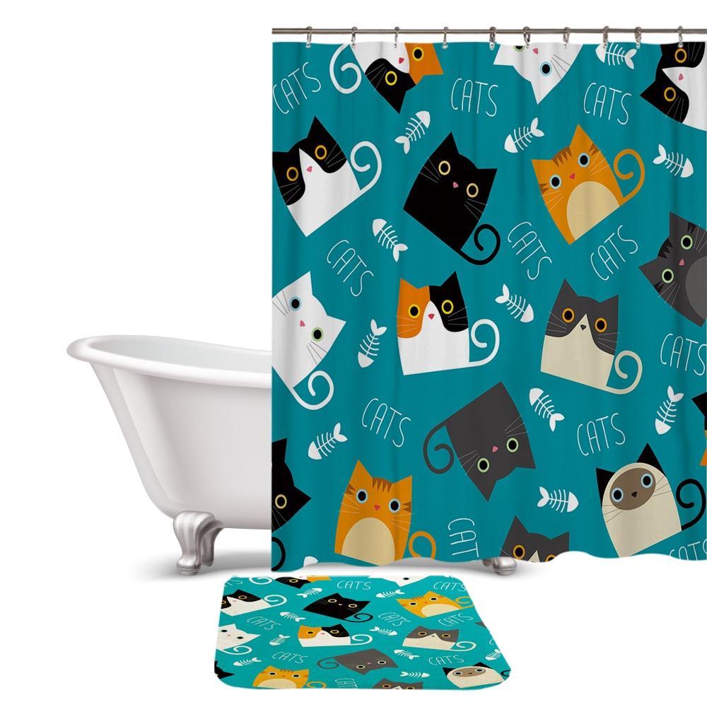Cartoon Kitty Cat Shower Curtain / Bath Mat