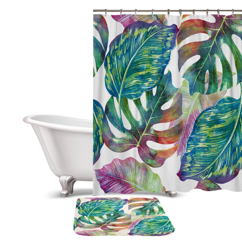 Multi-color Tropical Palm Leaf Shower Curtain / Bath Mat