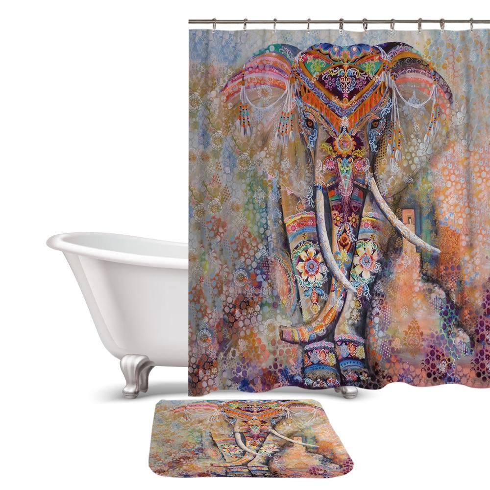 Multi-color Bohemian Elephant Shower Curtain / Bath Mat