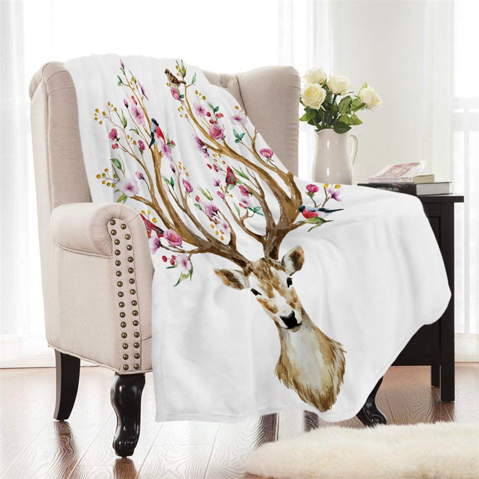 Colorful Floral Elk Antler Fleece Throw Blanket