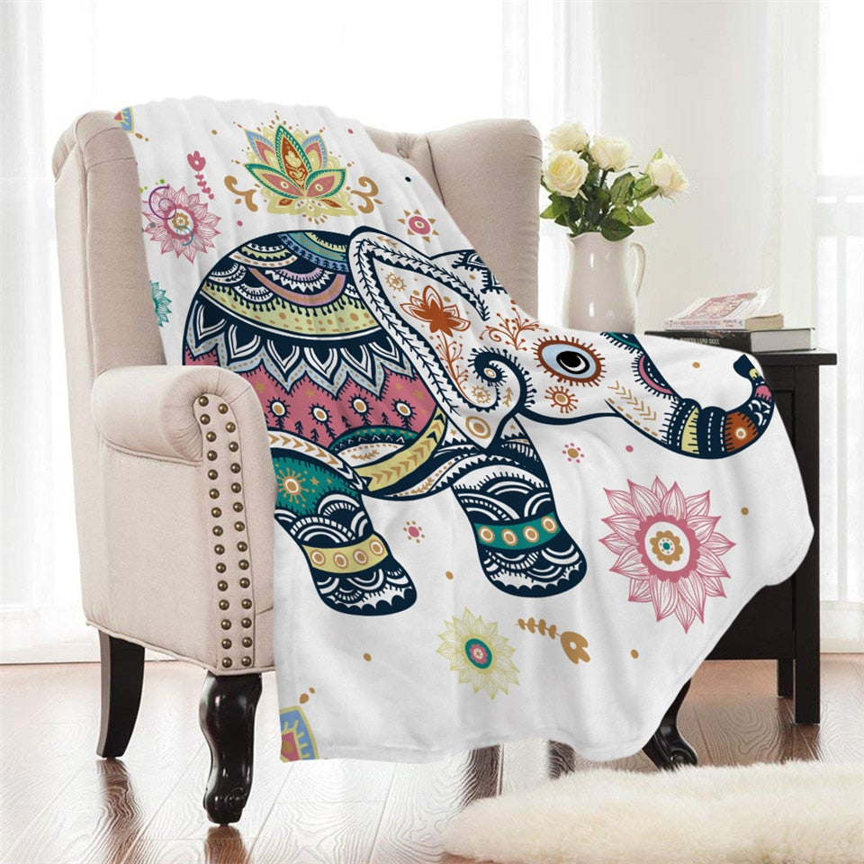 White Boho Baby Elephant Fleece Throw Blanket