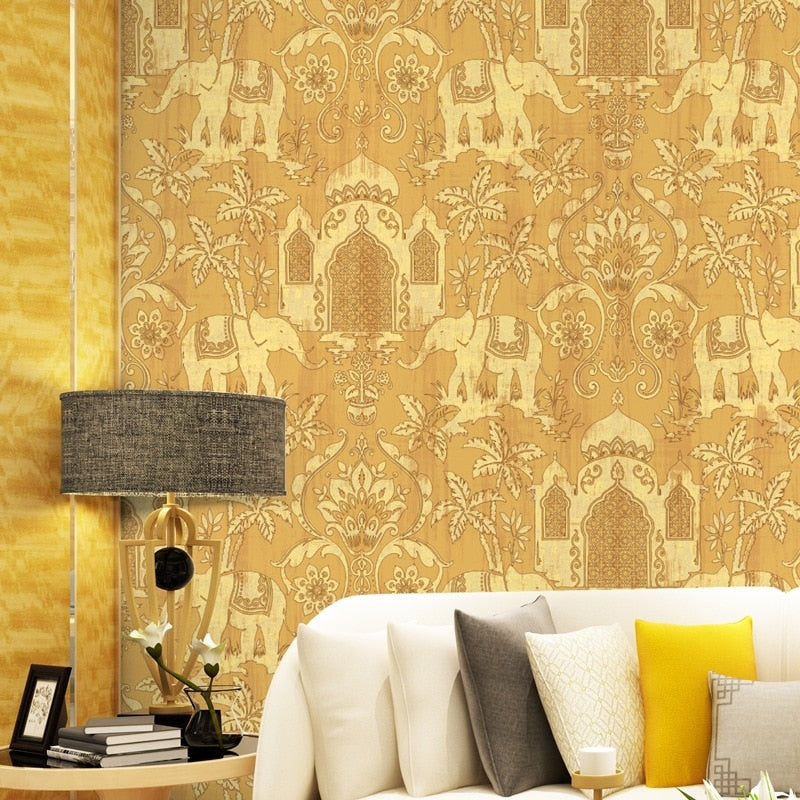 Vintage Indian Temple / Elephant Pattern Wallpaper