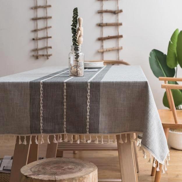 Gray Ribbed Cotton Linen Tablecloth W/ Tassels