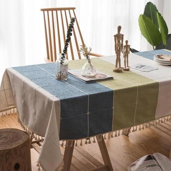 Blue / Green Grid Pattern Cotton Linen Tablecloth W/ Tassels