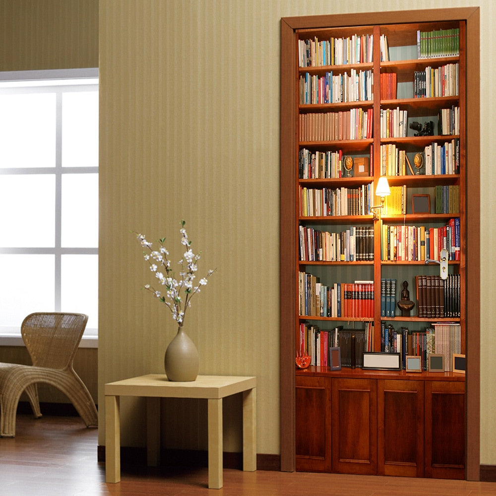 Wooden Bookcase 3d Door Mural Sticker